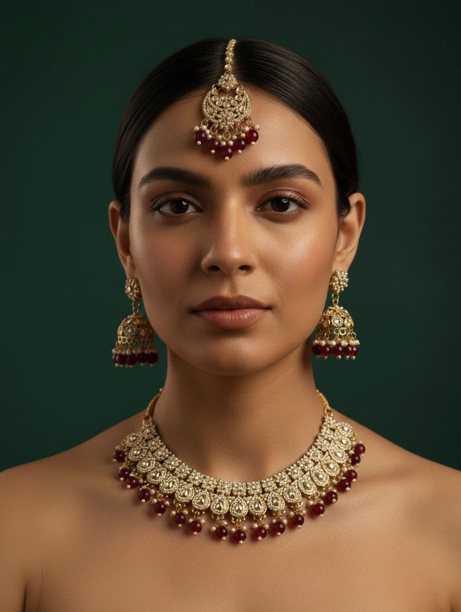 Cubic Zirconia Necklace With Jhumkas & Mang Tika