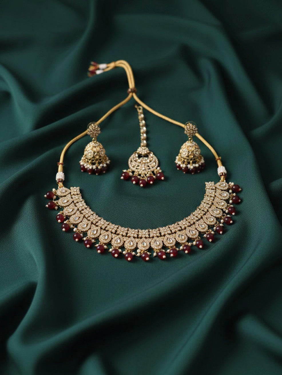 Cubic Zirconia Necklace With Jhumkas & Mang Tika