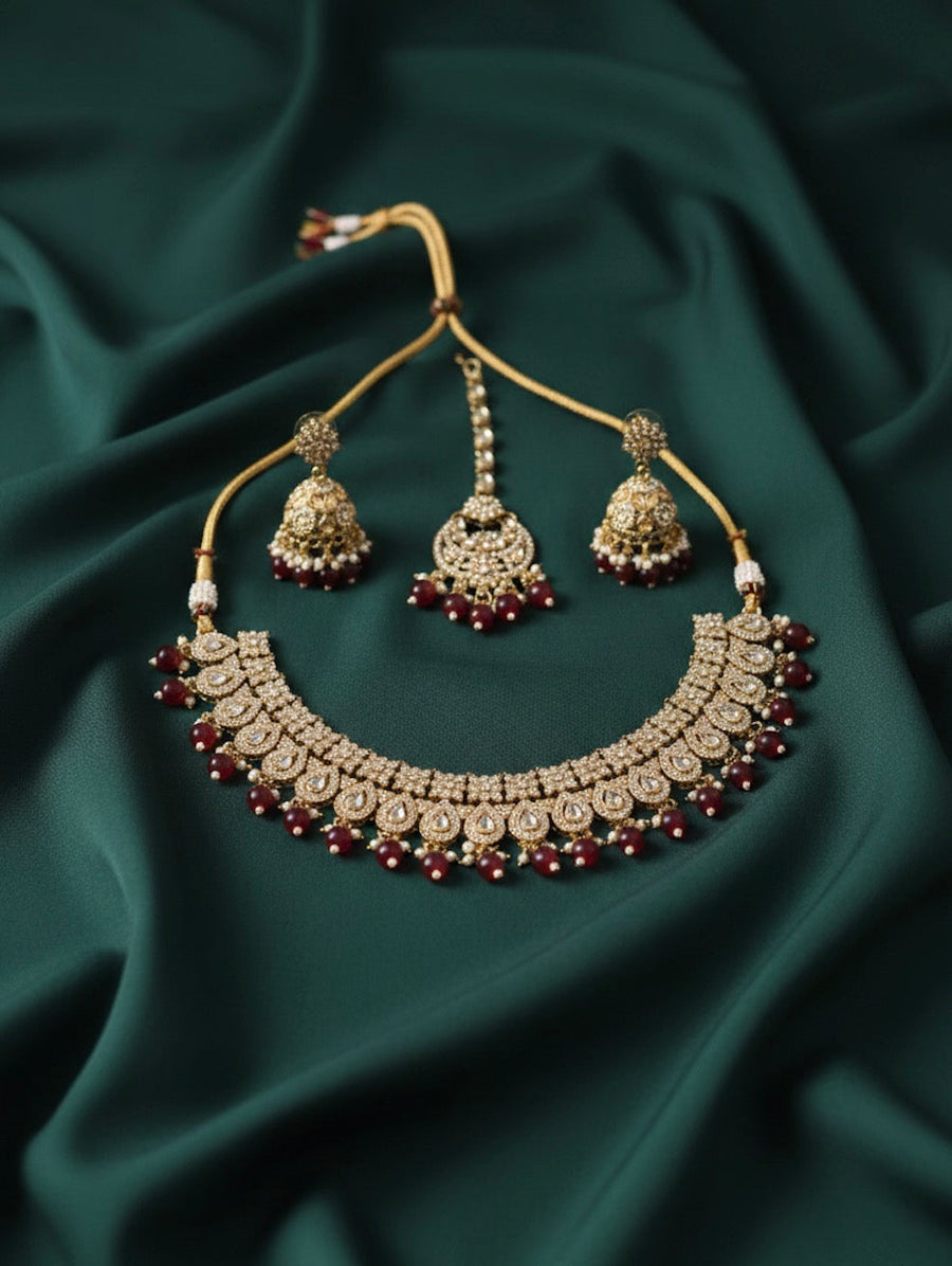 Cubic Zirconia Necklace With Jhumkas & Mang Tika