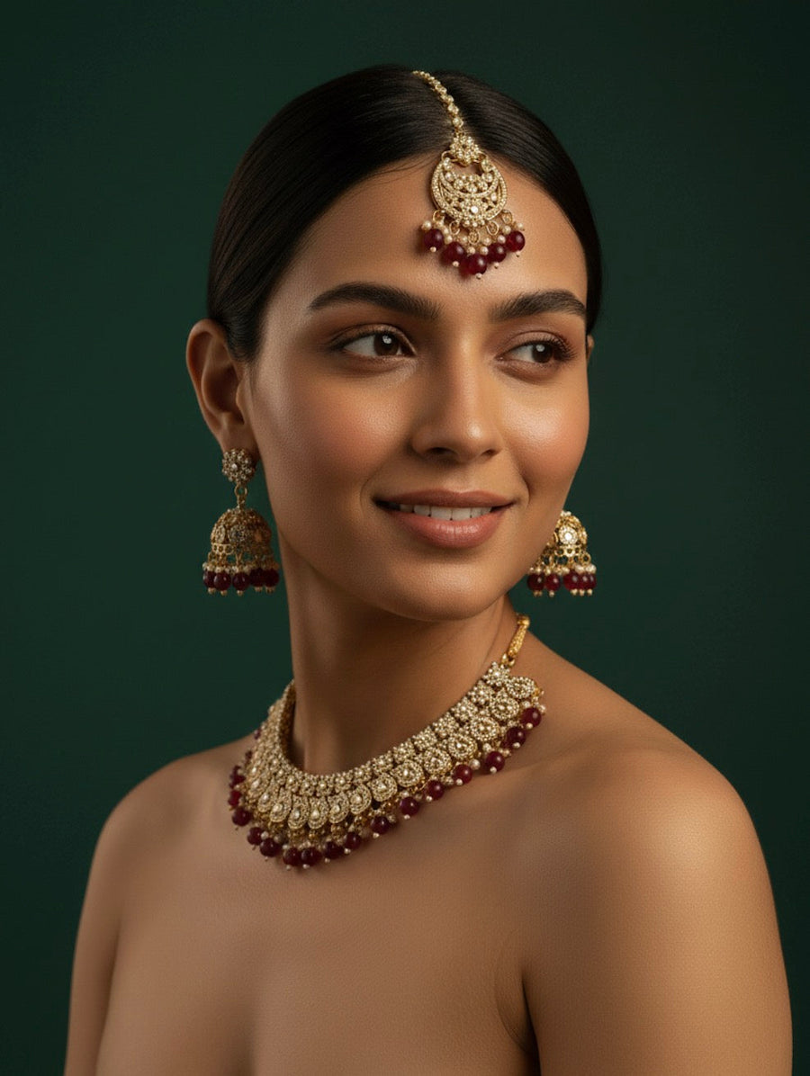 Cubic Zirconia Necklace With Jhumkas & Mang Tika