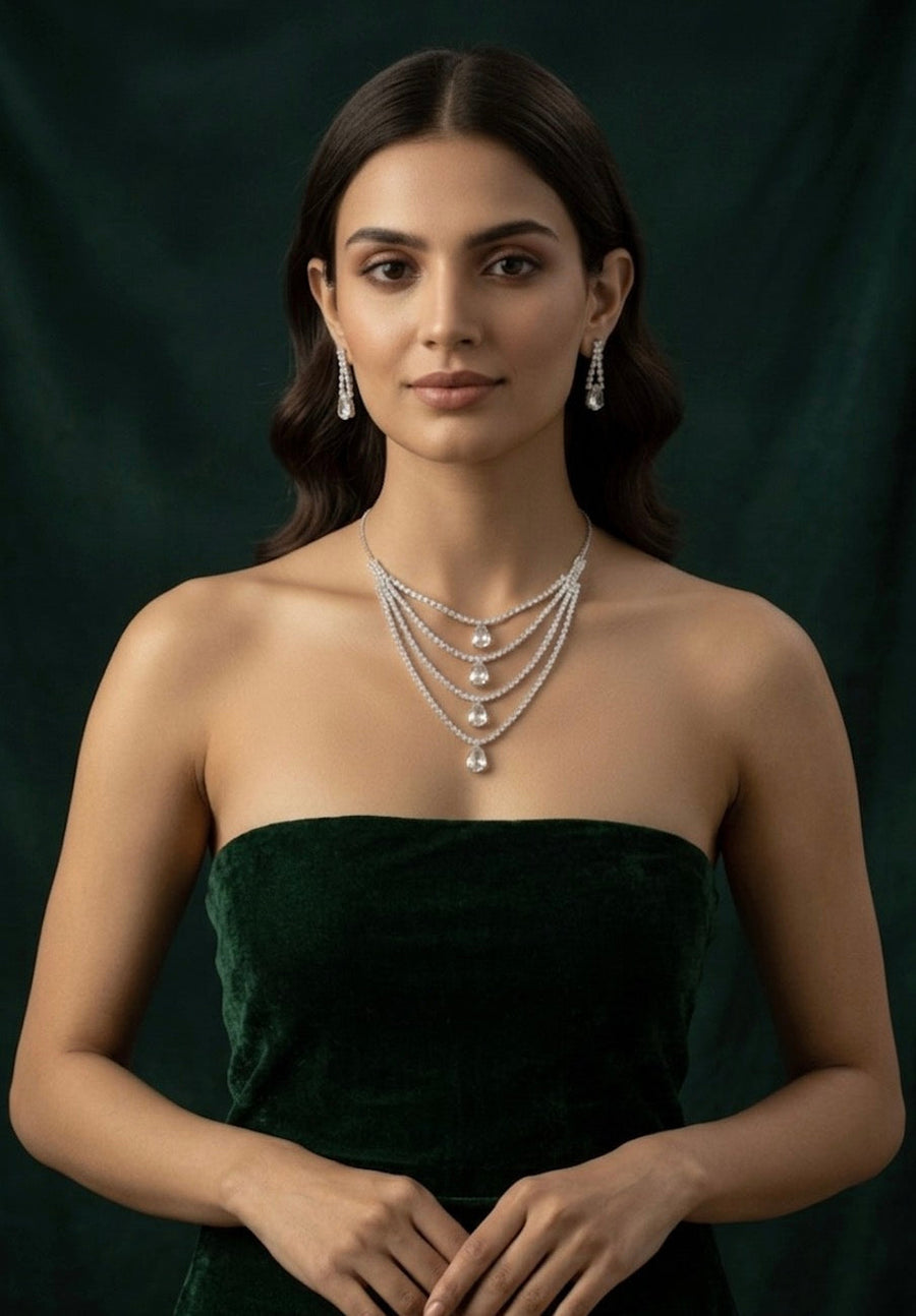 Women Layered Daimond Necklace With Earings