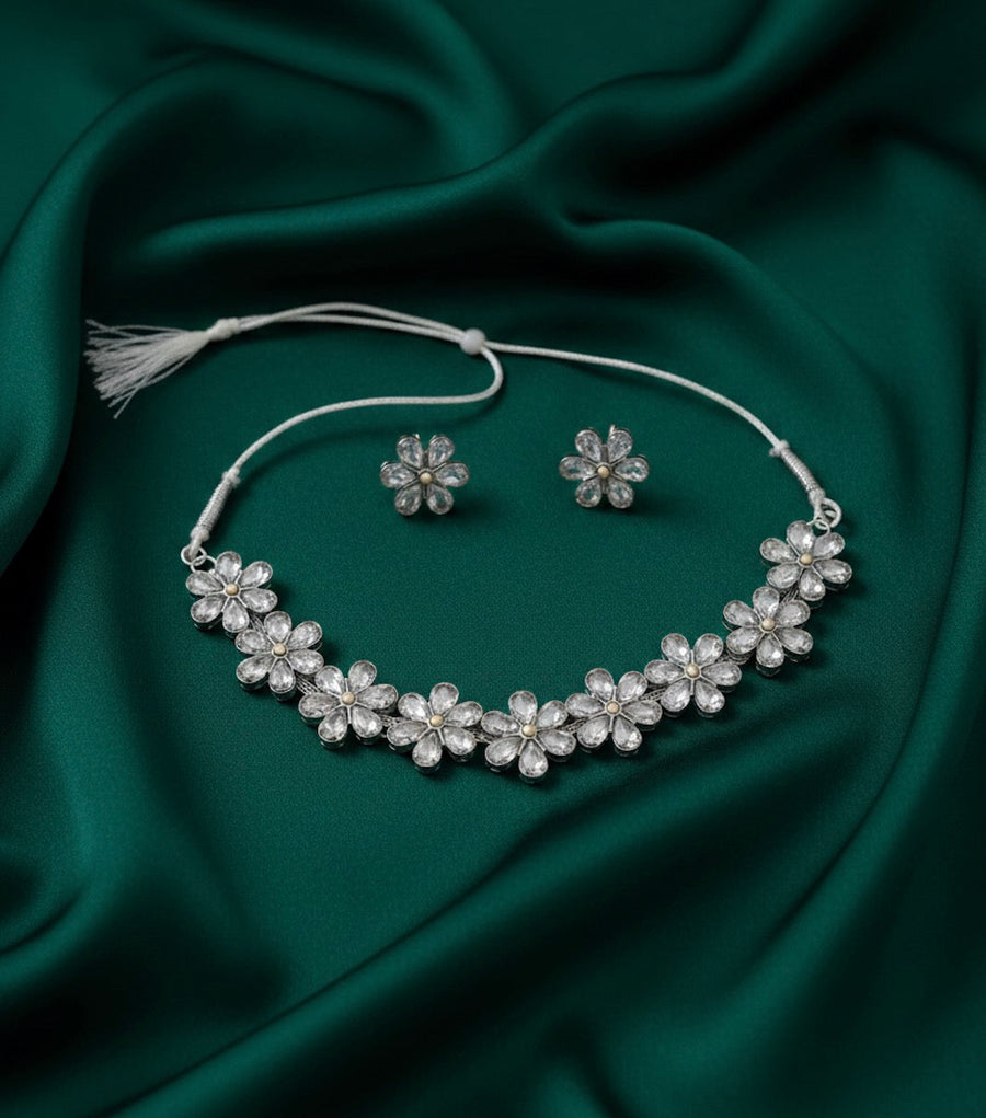 Women Floral Daimond Necklace With Earings