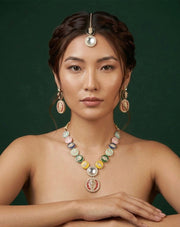 Women Gold-Plated Multicolour Enamelled Lion Motif Jewellery Set With Earring & Mang Tika