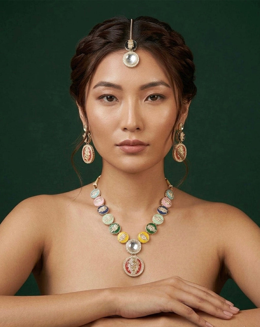 Women Gold-Plated Multicolour Enamelled Lion Motif Jewellery Set With Earring & Mang Tika