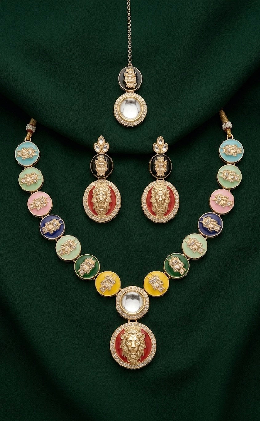 Women Gold-Plated Multicolour Enamelled Lion Motif Jewellery Set With Earring & Mang Tika