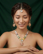Women Gold-Plated Multicolour Enamelled Lion Motif Jewellery Set With Earring & Mang Tika