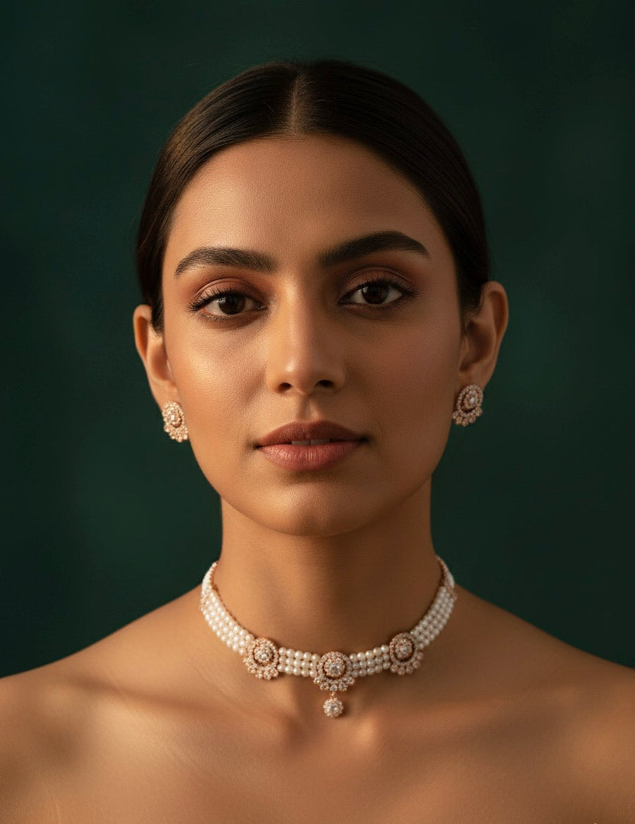 Beautiful Pearls & Diamond Choker Necklace With Studs