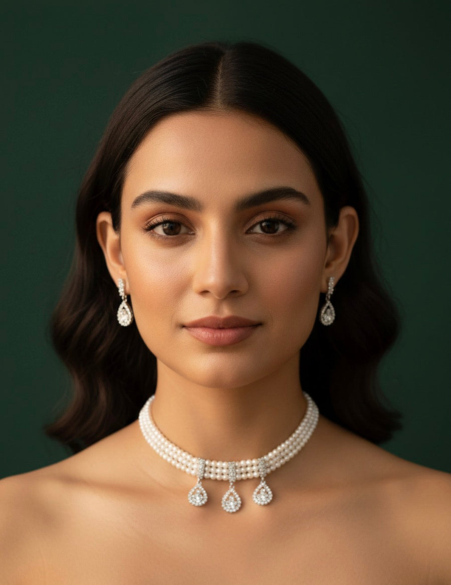 Fancy Pearls & Diamond Choker Necklace With Studs