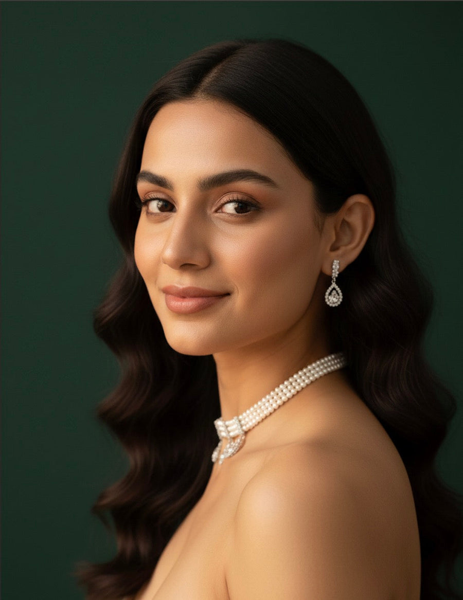 Fancy Pearls & Diamond Choker Necklace With Studs
