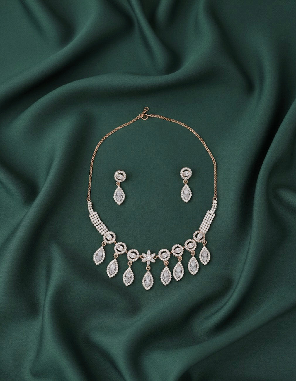 Rose Gold Plated Diamond Necklace With Earrings