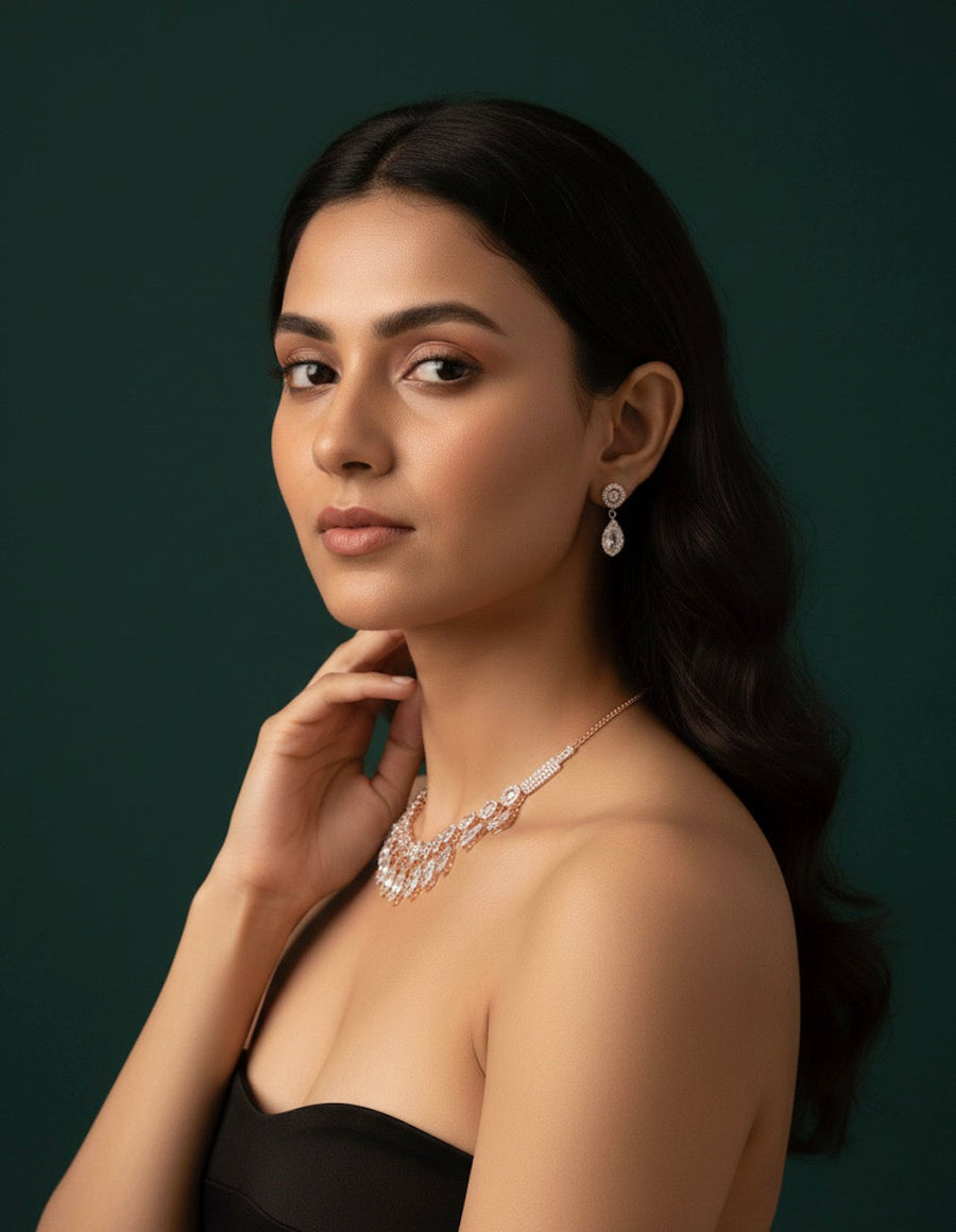Rose Gold Plated Diamond Necklace With Earrings