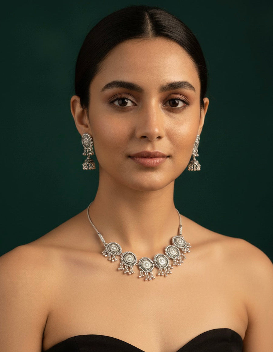 Oxidized Silver Plated Choker Necklace With Earrings