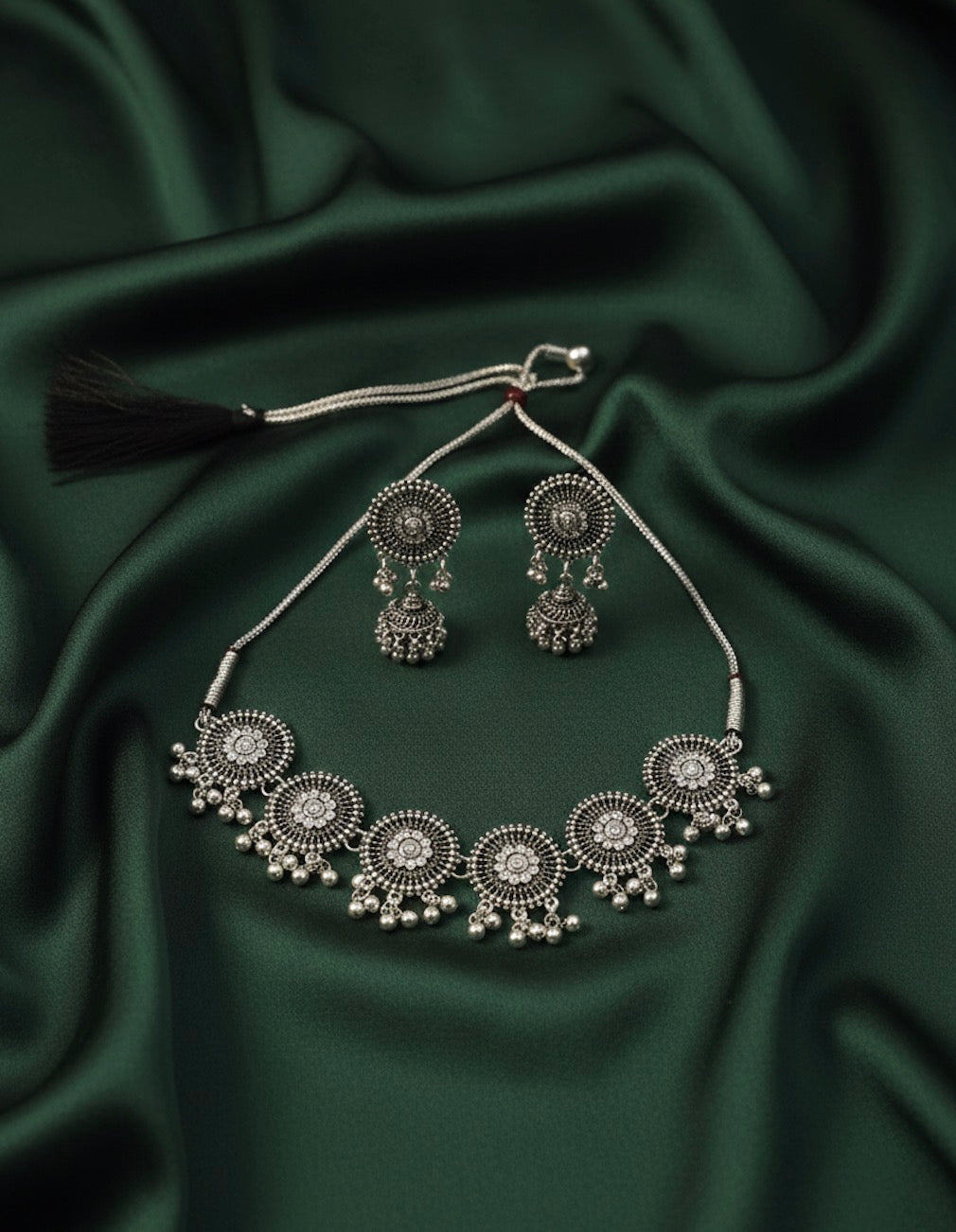 Oxidized Silver Plated Choker Necklace With Earrings