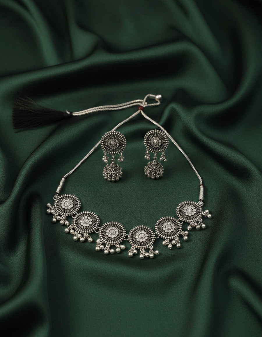Oxidized Silver Plated Choker Necklace With Earrings