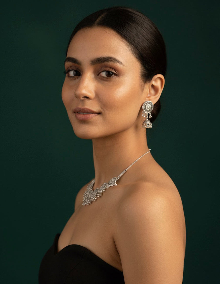 Oxidized Silver Plated Choker Necklace With Earrings