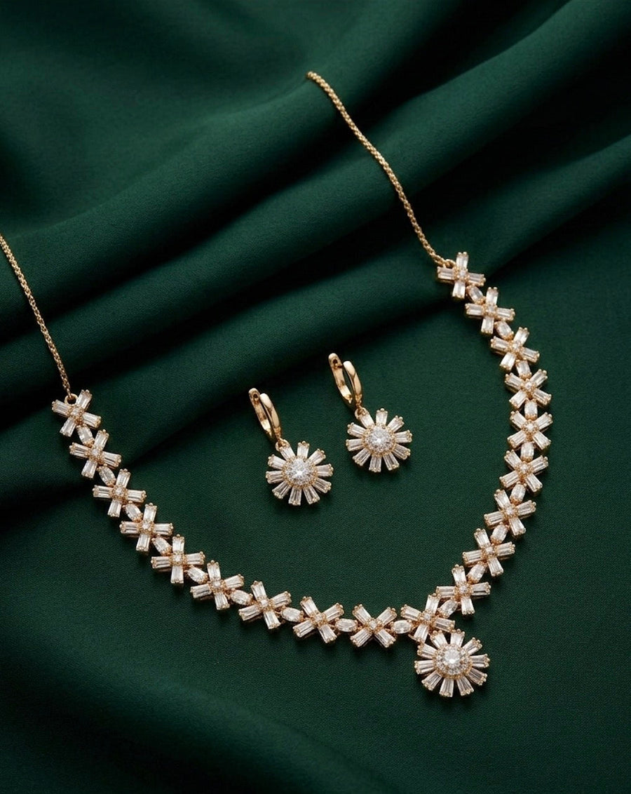Rose Gold Plated American Diamond Necklace With Earrings
