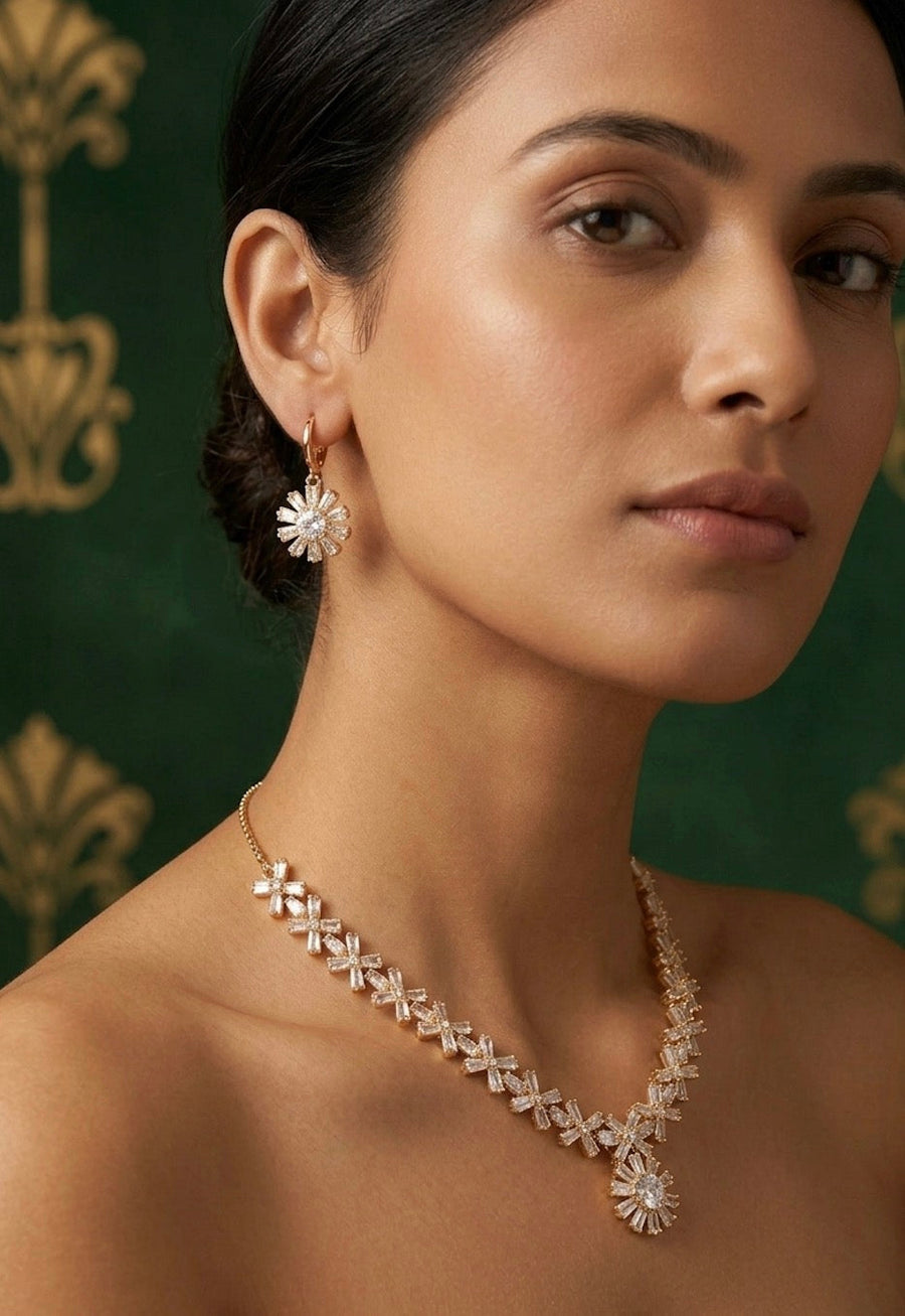 Rose Gold Plated American Diamond Necklace With Earrings