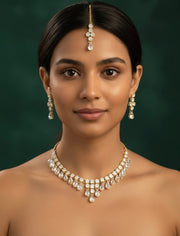 American Diamond Necklace With Earrings & Mang Tika