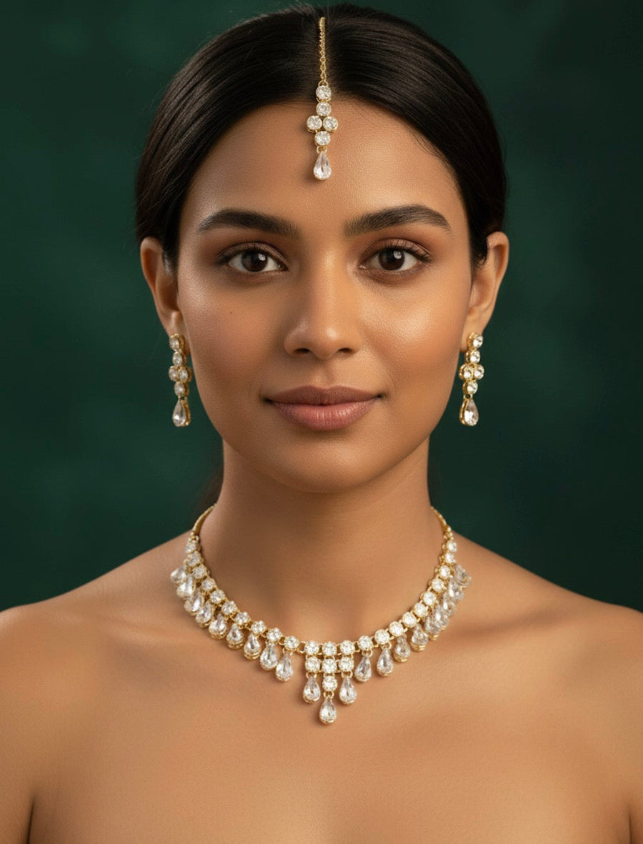 American Diamond Necklace With Earrings & Mang Tika