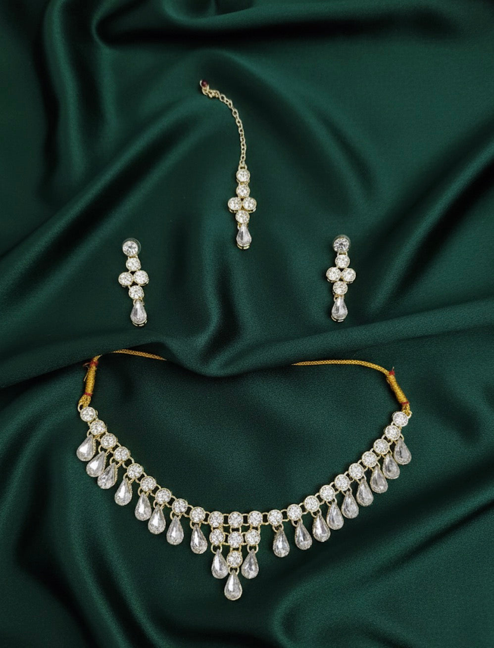 American Diamond Necklace With Earrings & Mang Tika
