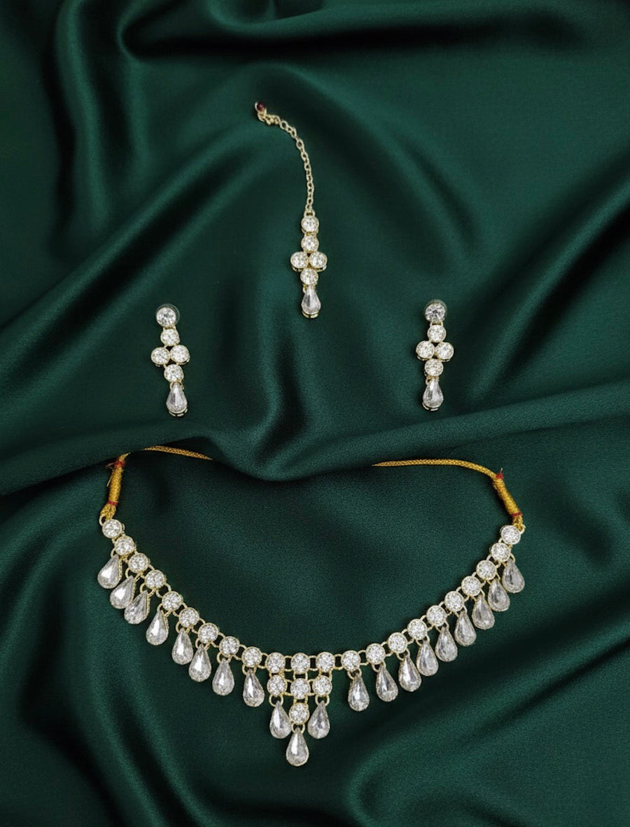 American Diamond Necklace With Earrings & Mang Tika