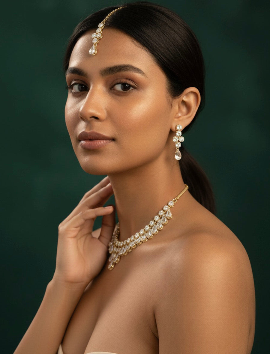 American Diamond Necklace With Earrings & Mang Tika