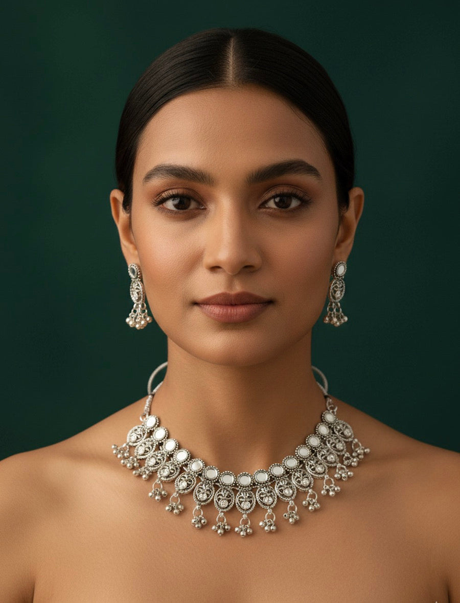 Oxidized Silver Plated Choker Necklace With Earrings