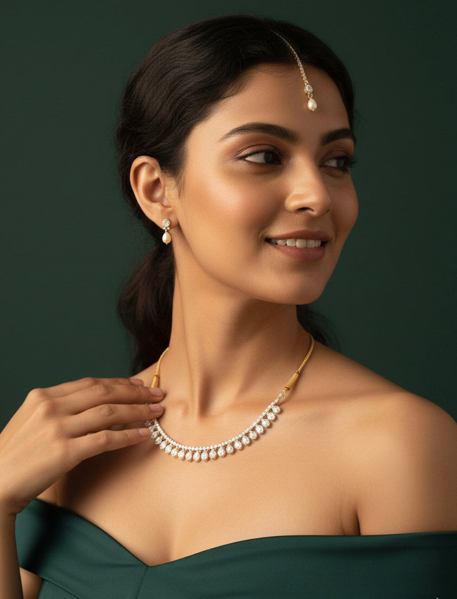Fancy Pearl & Stone Necklace With Earrings & Mang Tika
