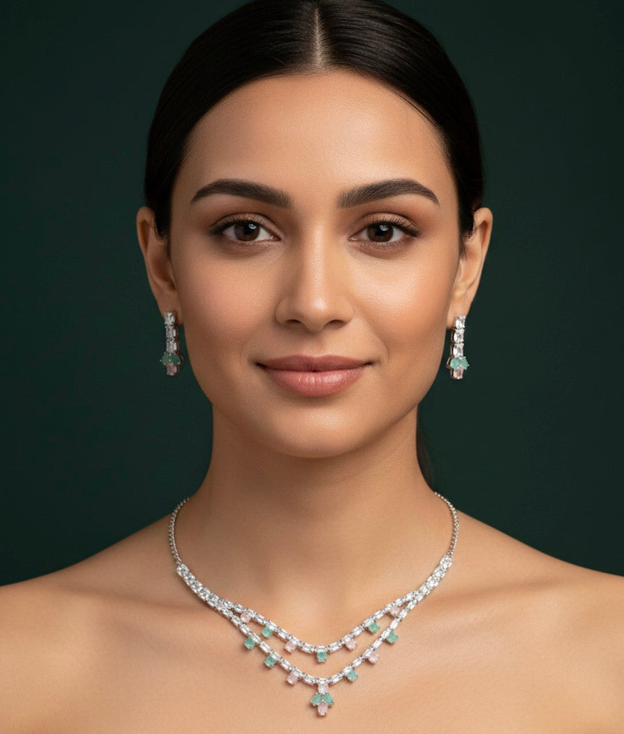 Women Mint & Pastel Stone Necklace With Earings