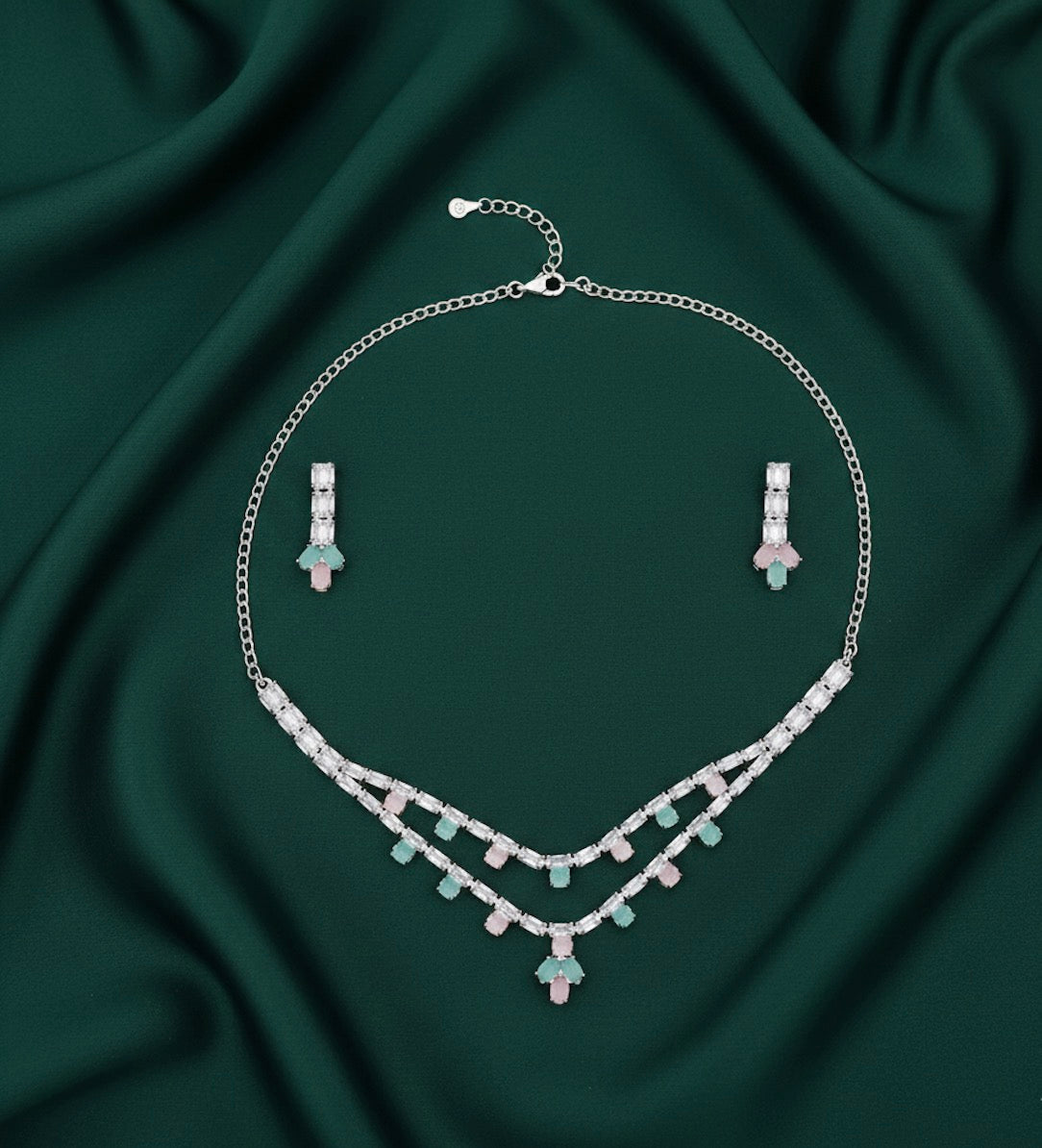 Women Mint & Pastel Stone Necklace With Earings