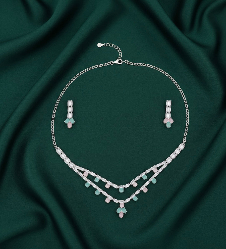 Women Mint & Pastel Stone Necklace With Earings