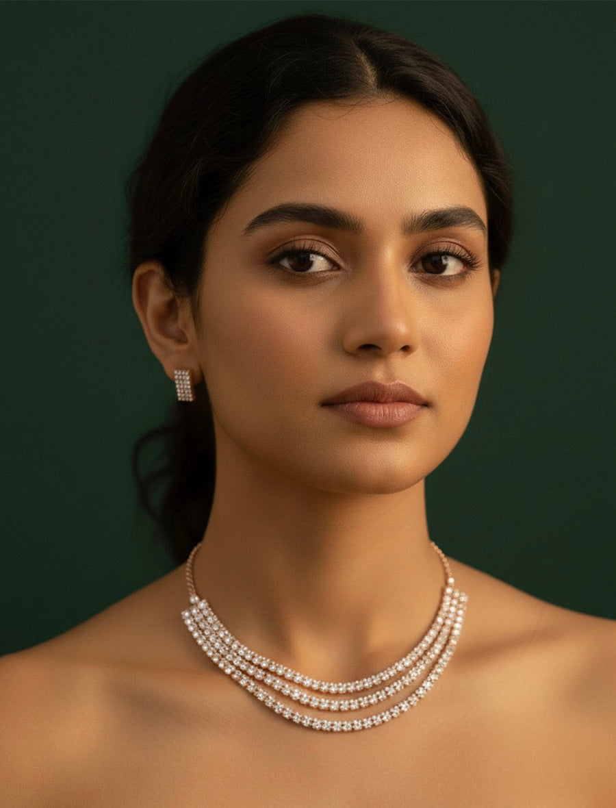 American Diamond Layered Necklace With Earrings