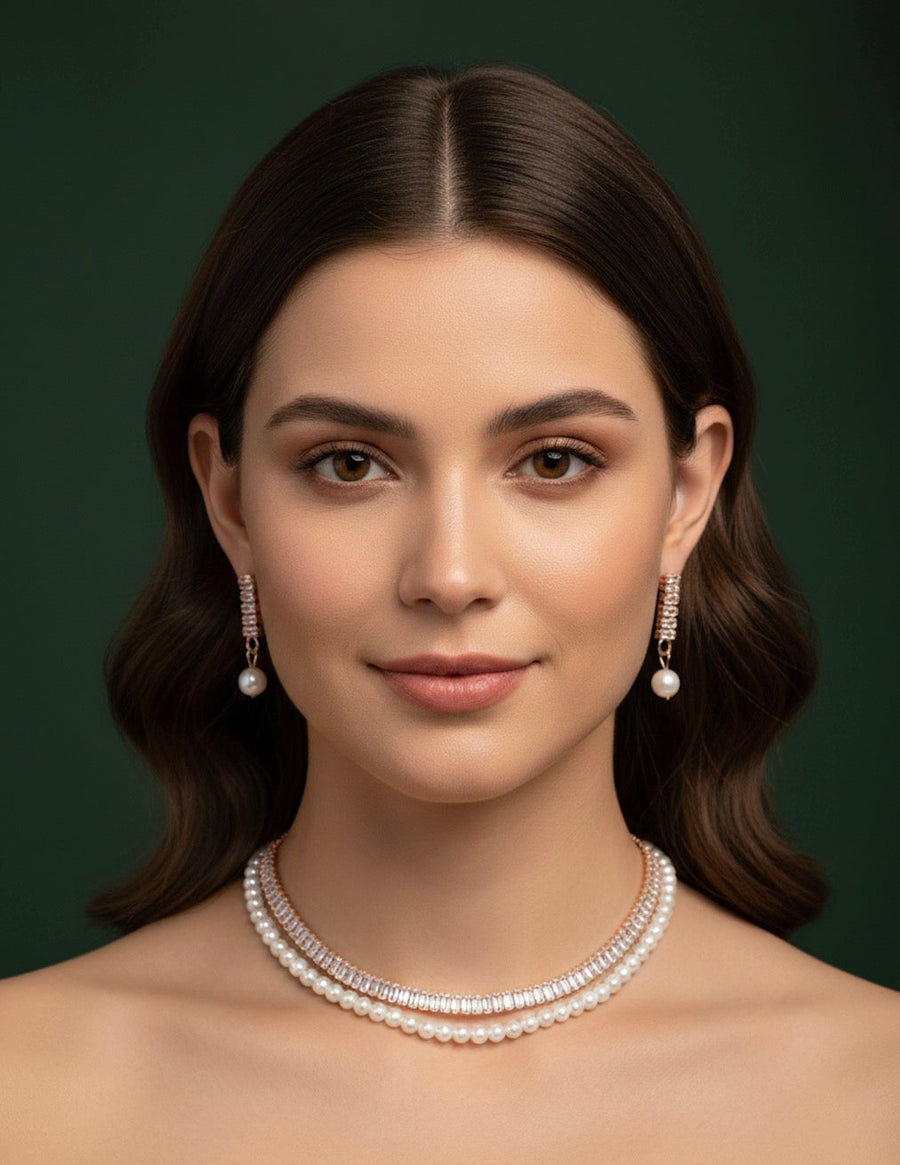 Women Peral & Stone Layered Necklace With Earings