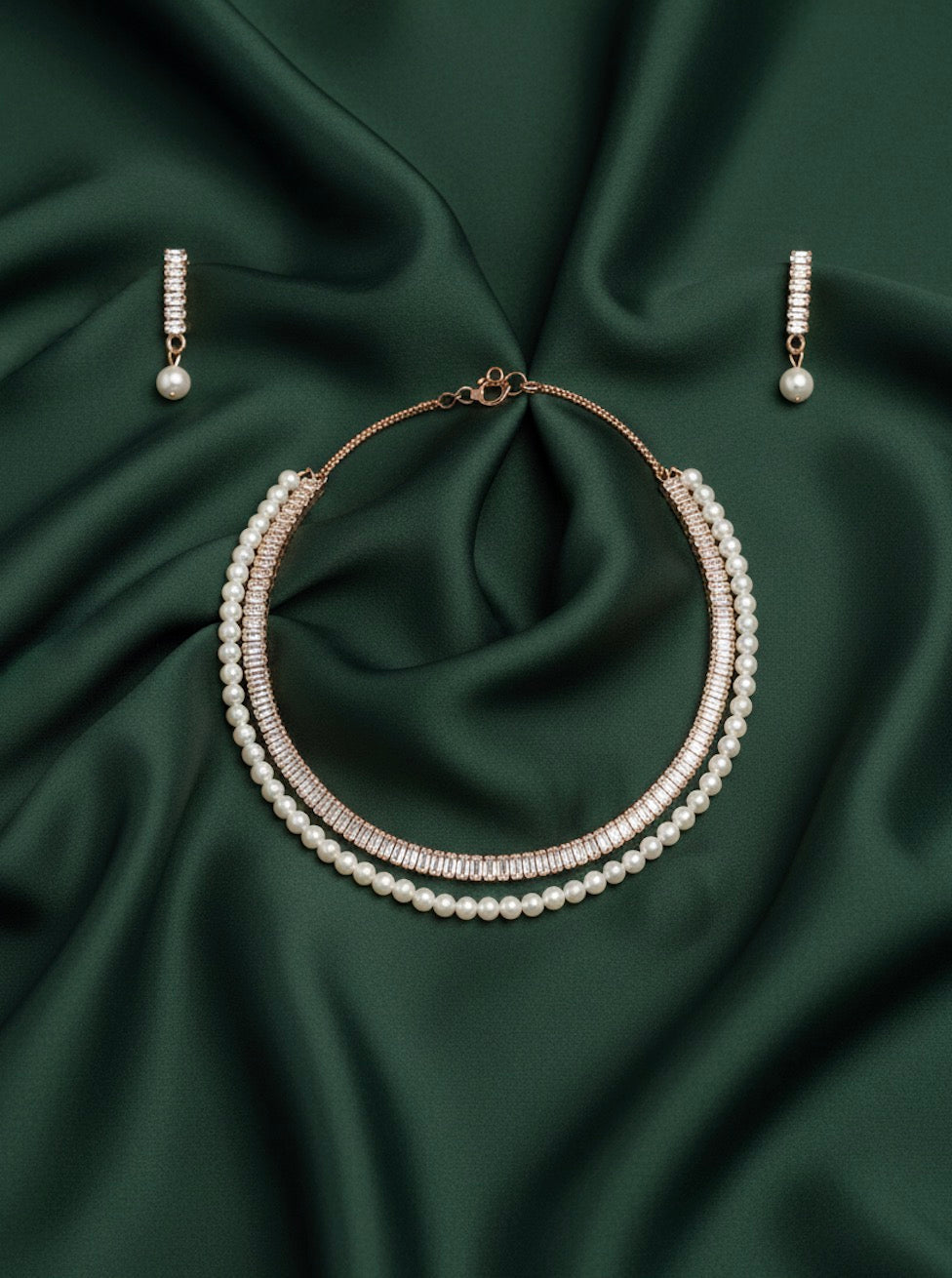 Women Peral & Stone Layered Necklace With Earings