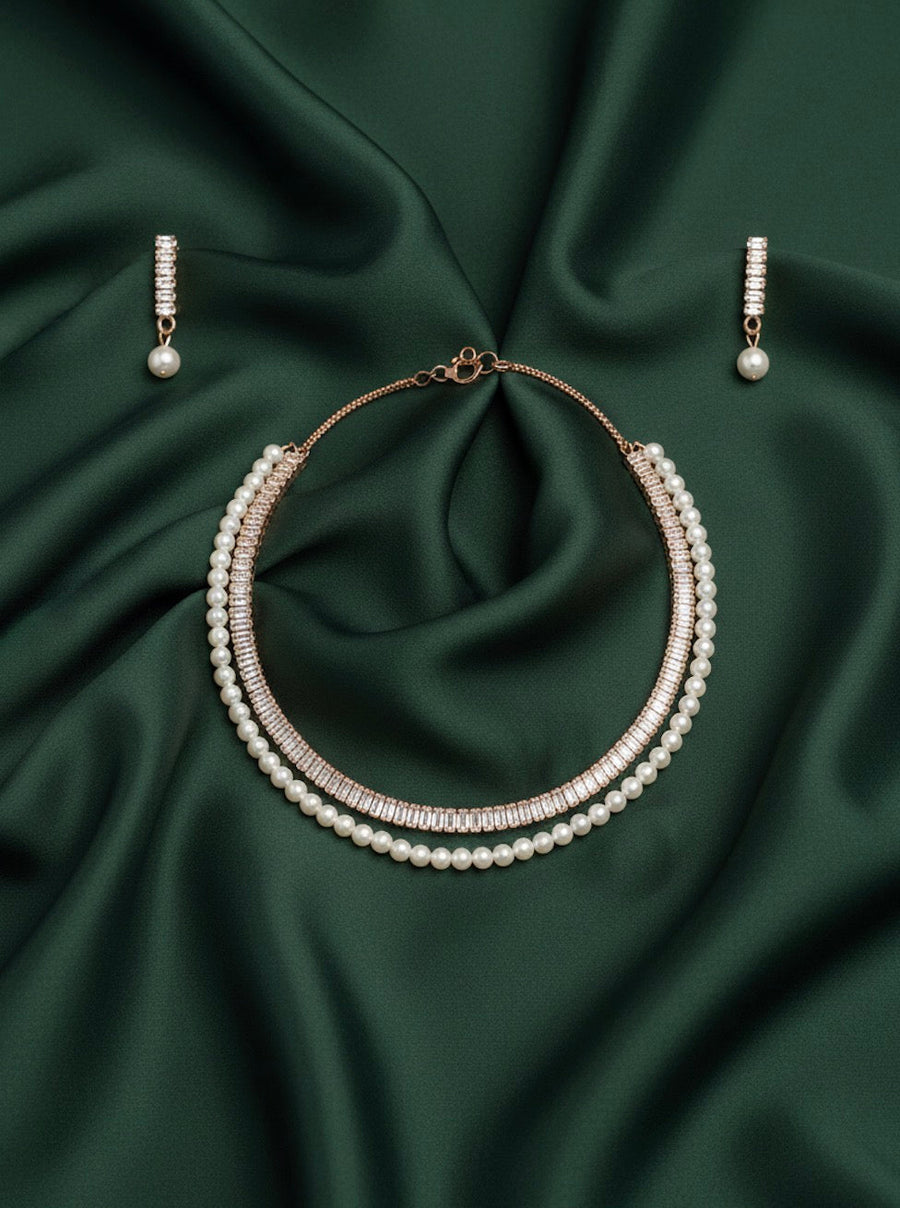 Women Peral & Stone Layered Necklace With Earings