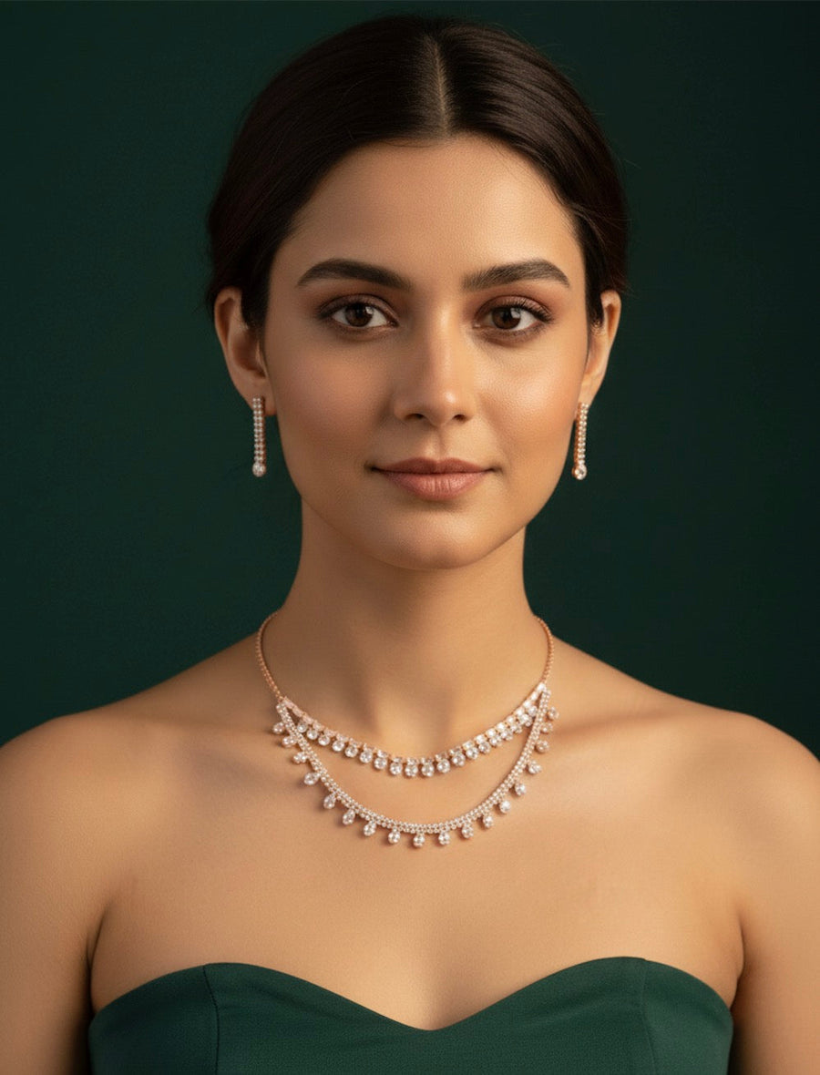 American Diamond Layered Necklace With Earrings