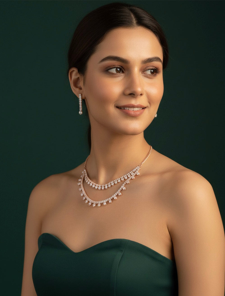 American Diamond Layered Necklace With Earrings