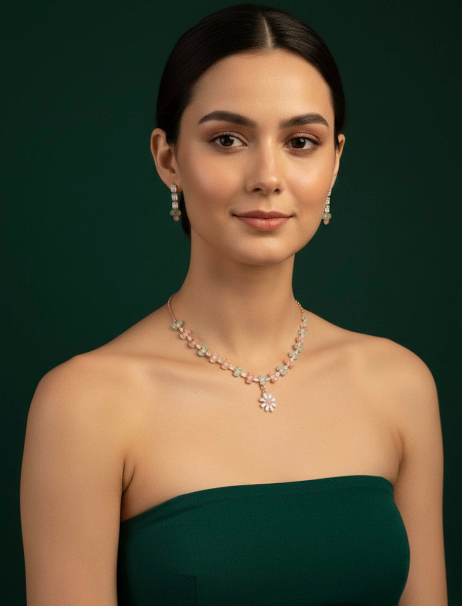 Rose Gold Plated Necklace With Earrings
