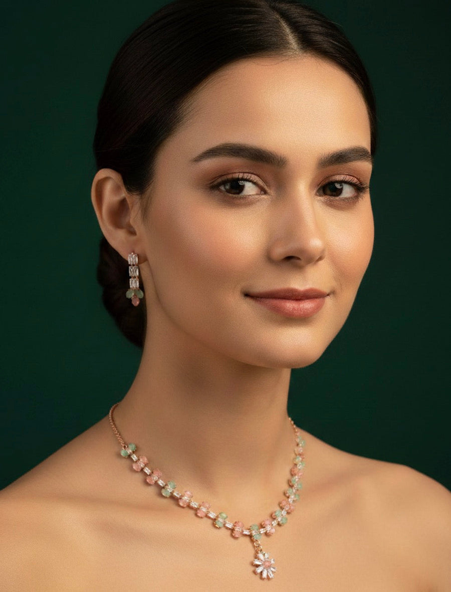 Rose Gold Plated Necklace With Earrings
