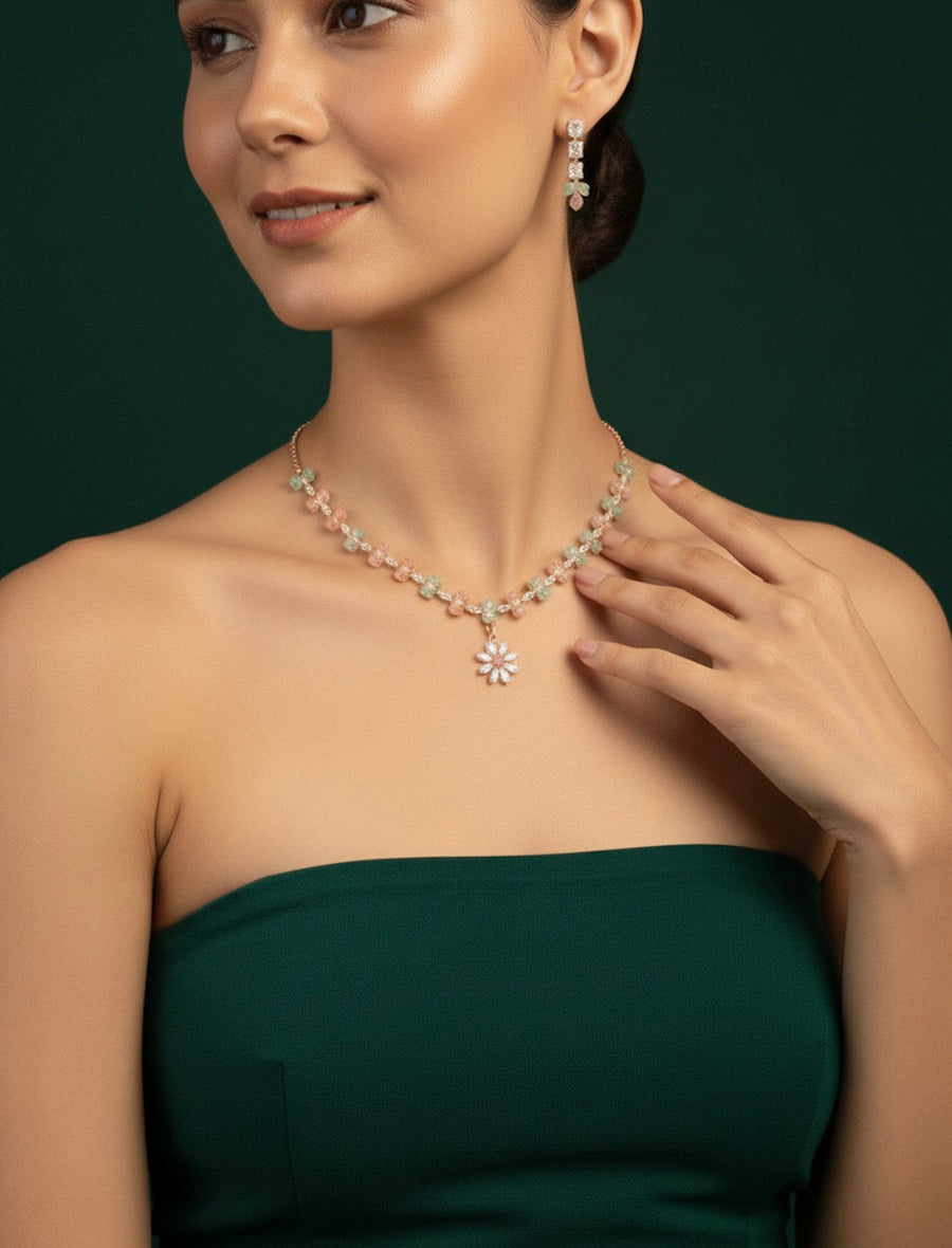 Rose Gold Plated Necklace With Earrings