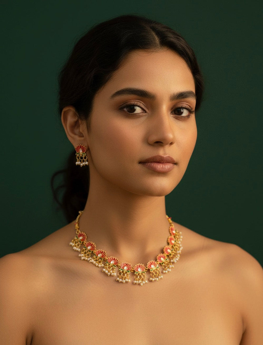 Golden Trendy Lotus Necklace with Earrings