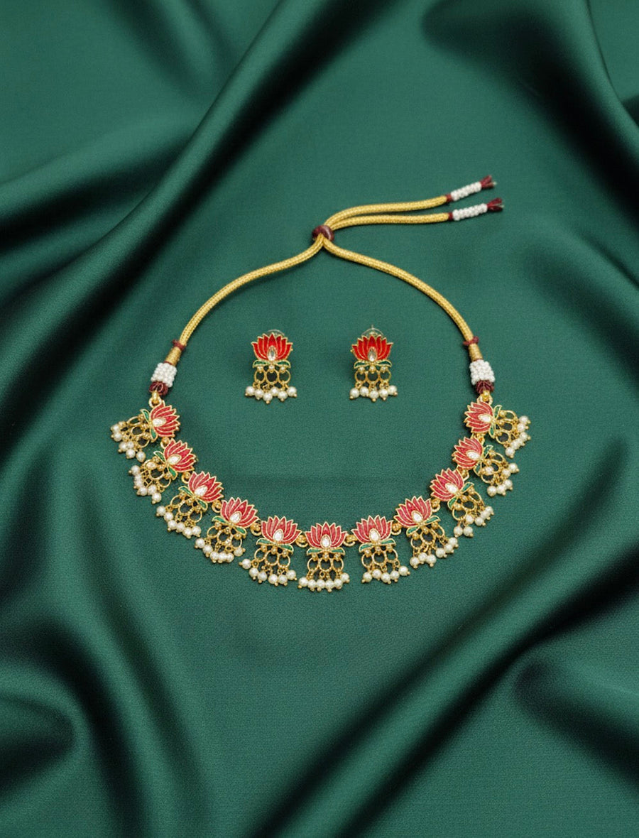 Golden Trendy Lotus Necklace with Earrings