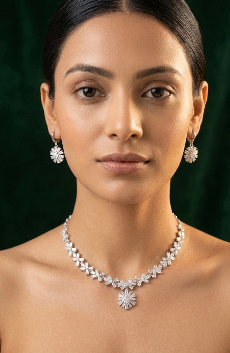 Silver Plated American Diamond Necklace With Earrings