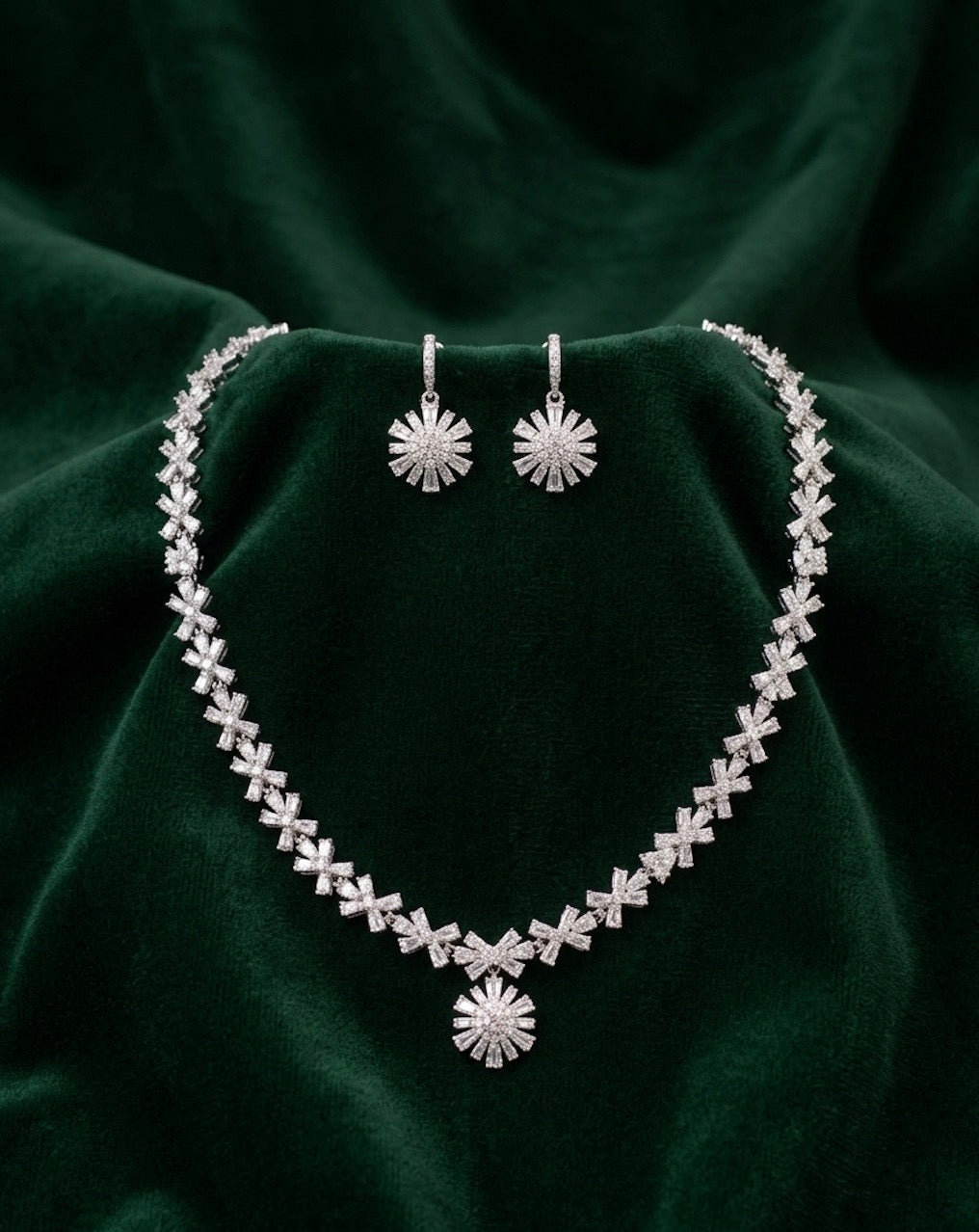 Silver Plated American Diamond Necklace With Earrings