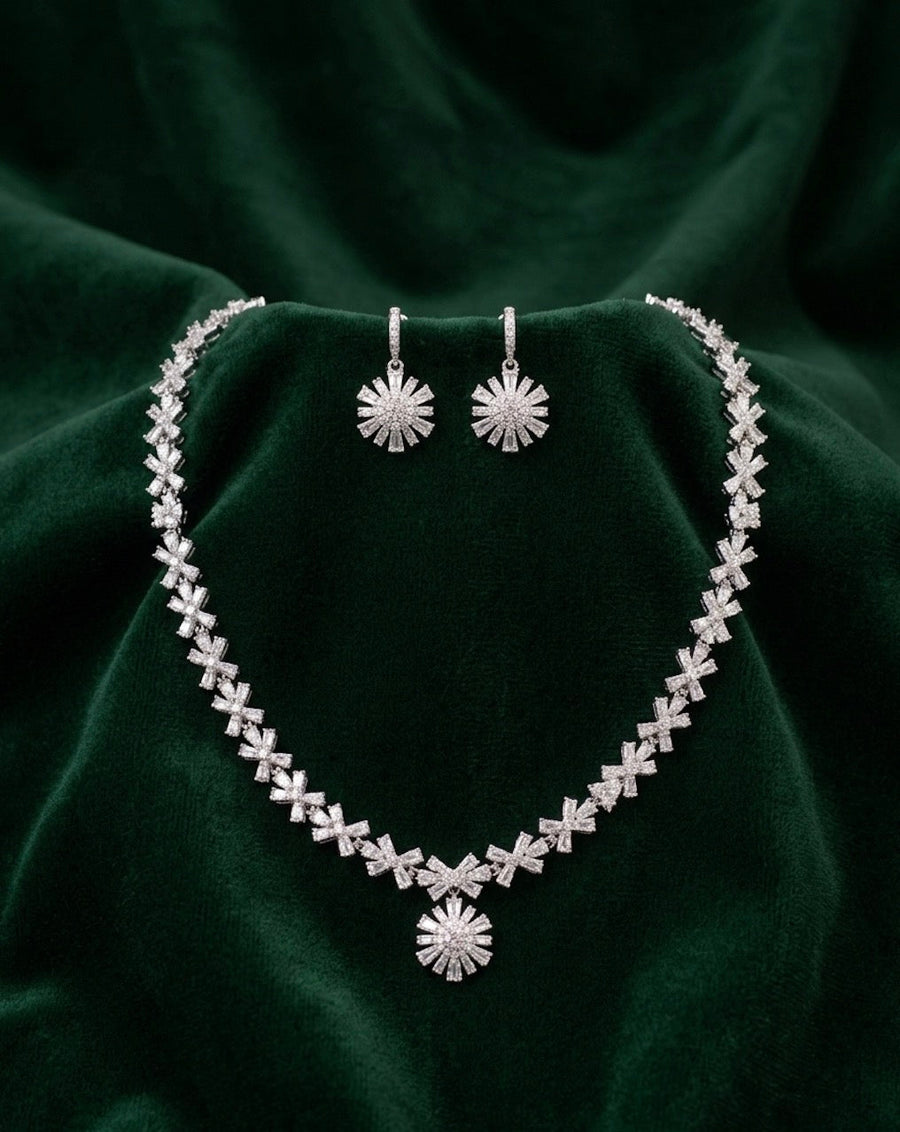 Silver Plated American Diamond Necklace With Earrings