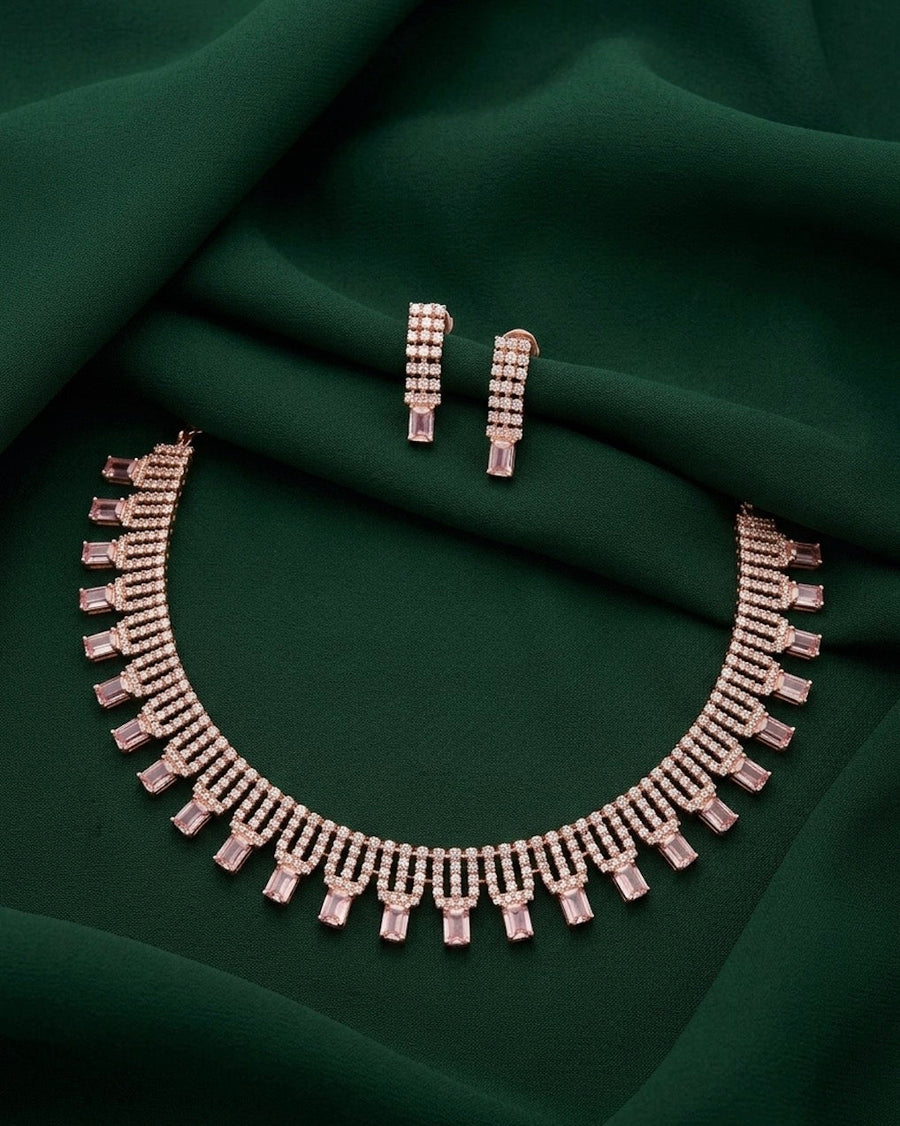Rose Gold Plated Fancy Beaded Necklace With Earrings