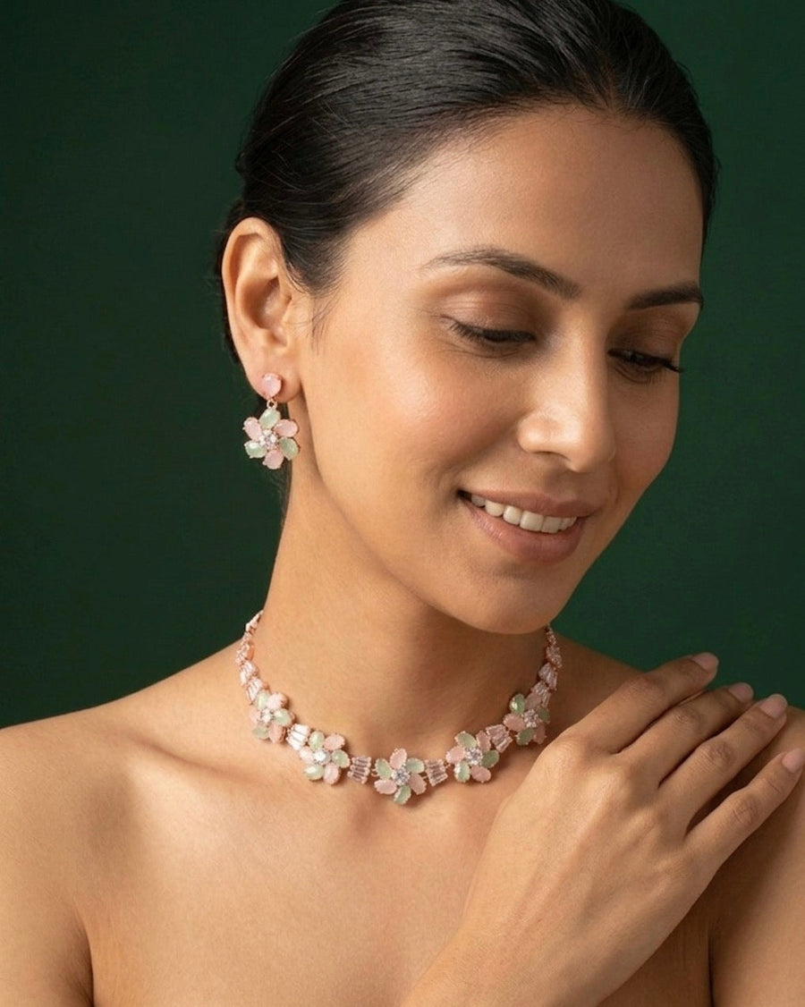 Rose Gold Plated Fancy Stone Necklace With Earrings