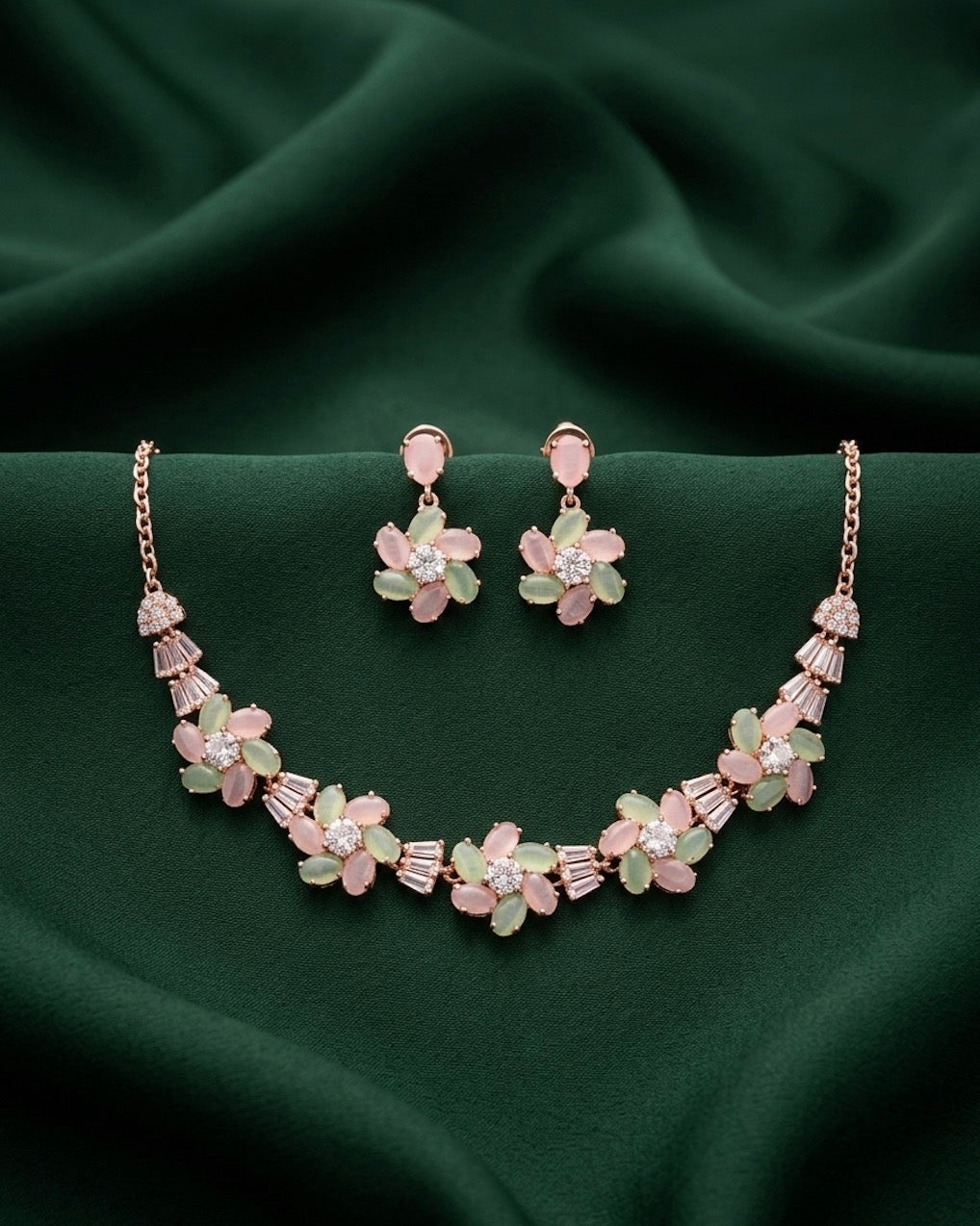 Rose Gold Plated Fancy Stone Necklace With Earrings