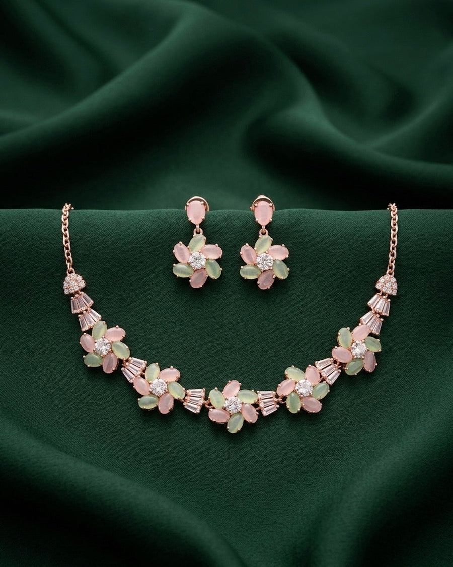 Rose Gold Plated Fancy Stone Necklace With Earrings