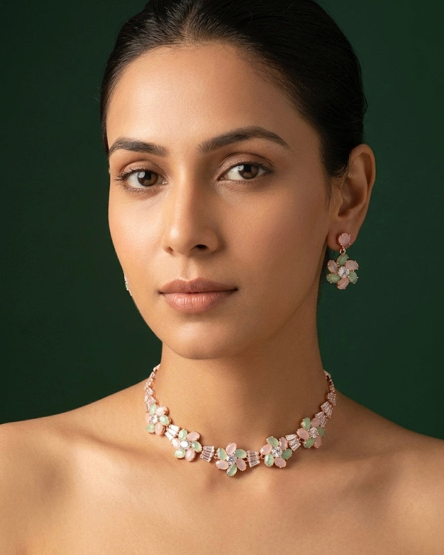 Rose Gold Plated Fancy Stone Necklace With Earrings